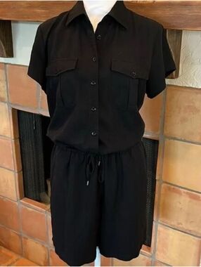 Lauren Ralph Lauren Black Short-Sleeve Button Romper